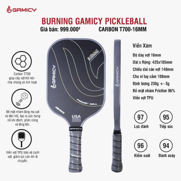 Vợt Pickleball Burning Gamicy T700 Xám